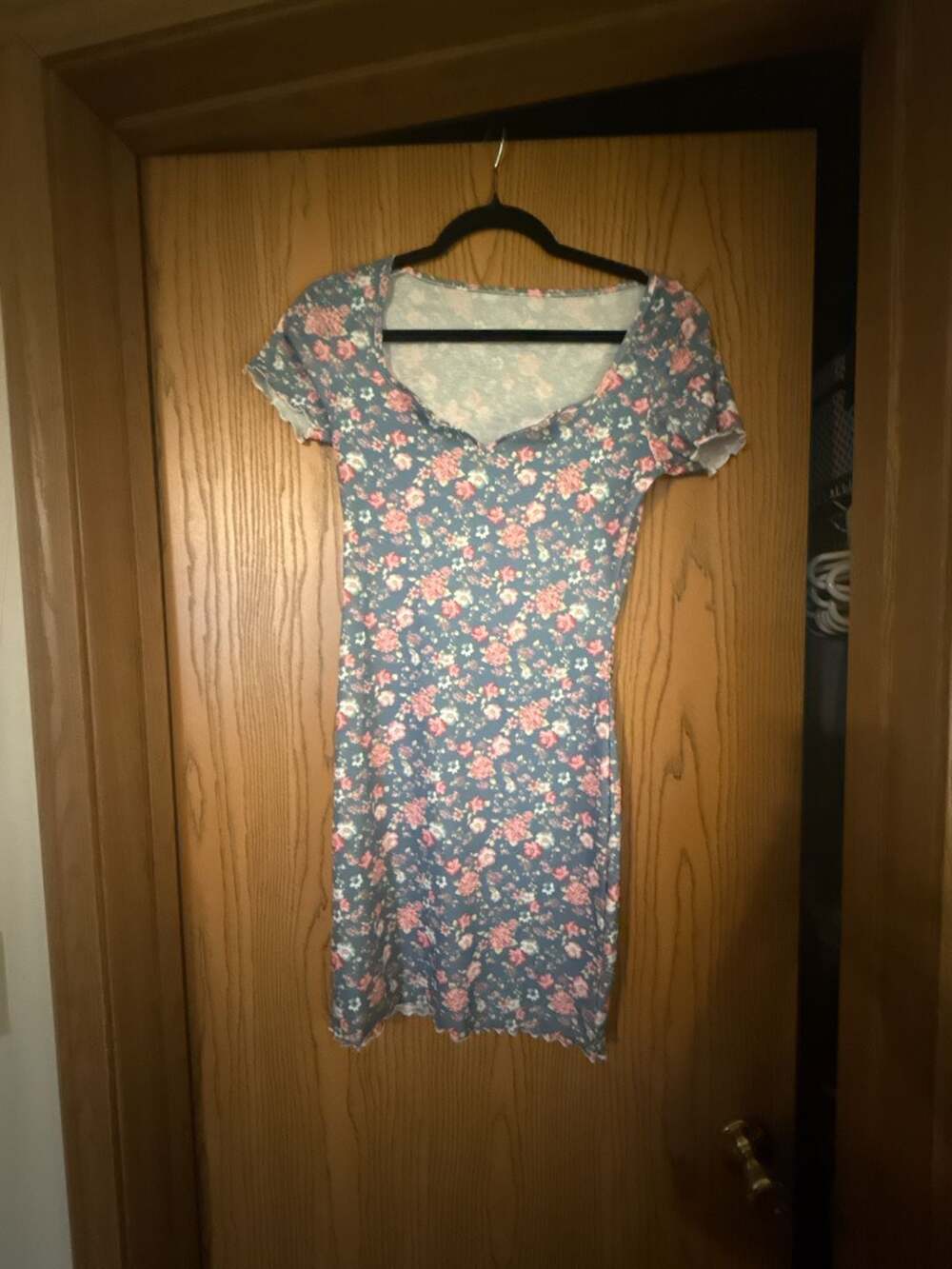 SHEIN Blue Floral Ribbed Lettuce Edge Mini Dress